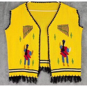 Sweater Vest Womens 2X Yellow Knit Fringed Mexican Handmade Open Front Vintage